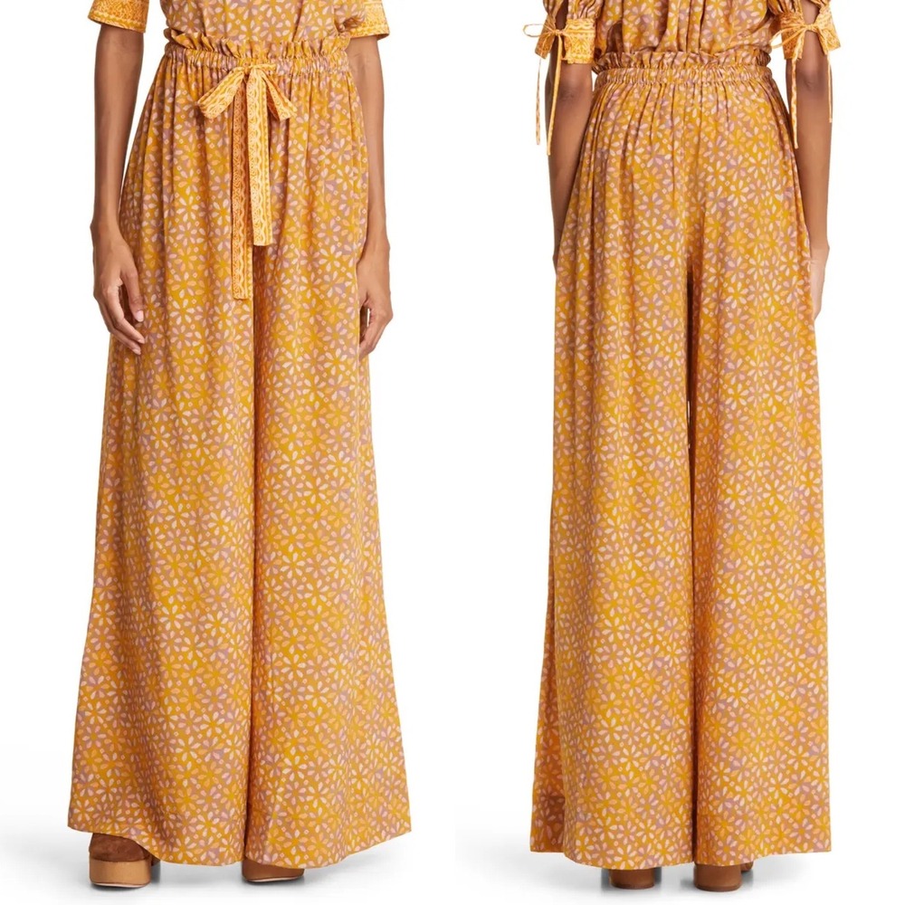 Ulla Johnson Rilie Silk Wide Leg Pantsβ Size 2 Citrine Floral Mustard Flowy Chic